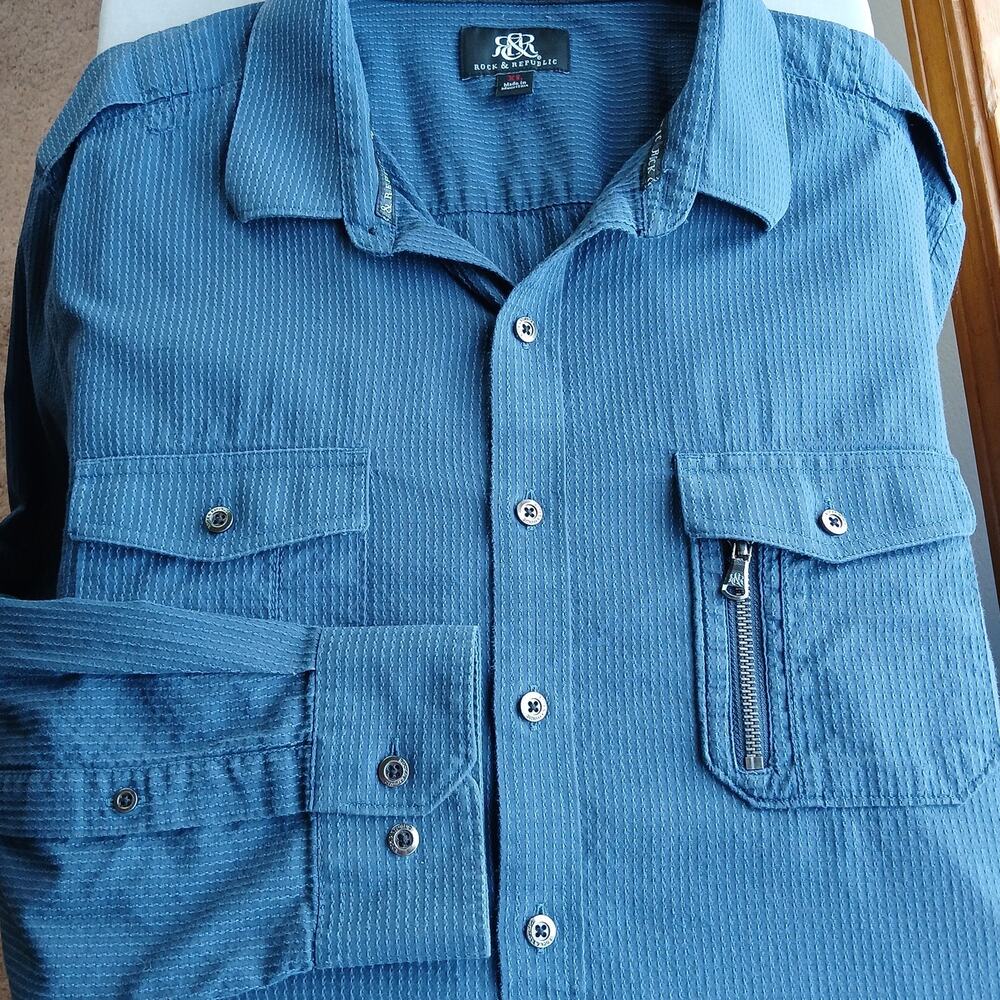 Rock & Republic Blue Cotton Button Up Shirt Mens XL long roll tab sleeves R&R - Picture 1 of 15